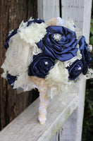 Navy Satin Fabric Bouquet, Navy and Ivory Bridal Bouquet with fabric flowers, lace, satin, tulle, pearls,