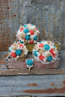 Turquoise and Coral Burlap and Lace Bridal Bouquets and Boutonnieres