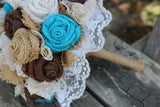 Turquoise Burlap and Lace Bride's Bouquets, Rustic Bridesmaid Flowers and Boutonnieres