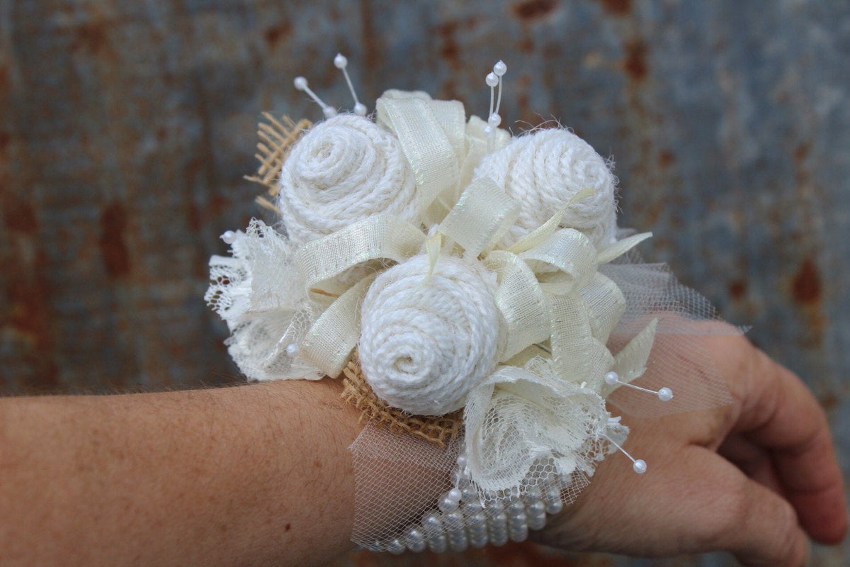 White Wristlet Corsage WITH Rhinestones — Orchard Hills Floral & Gifts