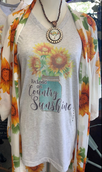 Raised on Country Sunshine v neck tee with sunflowers