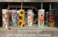 Rustic 20 ounce tumbler with vintage truck with wings, cow hide, roses, leopard print, turquoise, and cactus