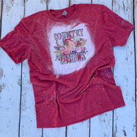 Country Chicks Red Bleached Tee Shirt with baby chick with bandanna and spring flowers