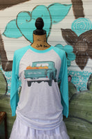 Happy Fall Y'all! Graphic t shirt with turquoise truck and pumpkins