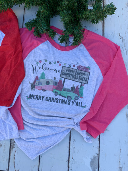 Pink and Turquoise Christmas Camper Scene Graphic Tee Shirt