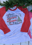 Red Vintage Camper Christmas Scene Graphic Raglan Tee Shirt