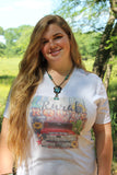The Rural Route Graphic V neck Tee shirt with vintage red truck, farm road sign