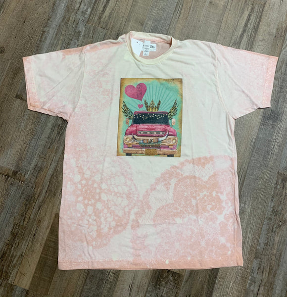 Bleached tee with Pink Truck with Wings and Crown