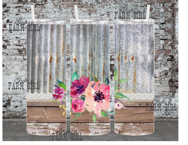 Rustic 20 ounce tumbler with barn wood, tin, pink flowers, and lace