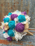 Turquoise and Purple Burlap and Lace Bride's Bouquets Custom Wedding Flowers