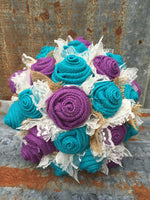 Turquoise and Purple Burlap and Lace Bride's Bouquets Custom Wedding Flowers
