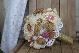 Rustic Glam Bridal Brooch Bouquet with pink and gold brooches and jewels - burlap and lace