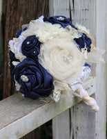 Navy Satin Fabric Bouquet, Navy and Ivory Bridal Bouquet with fabric flowers, lace, satin, tulle, pearls,