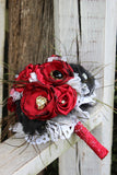 Red and Black Fabric Bouquet, Satin Bridal Bouquet, fabric flowers, feathers, vintage jewels
