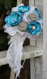 Turquoise, Gray, and White Fabric Bridal Bouquet, Rustic, Vintage, Satin, Burlap and Lace