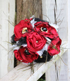 Red and Black Fabric Bouquet, Satin Bridal Bouquet, fabric flowers, feathers, vintage jewels
