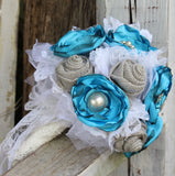 Turquoise, Gray, and White Fabric Bridal Bouquet, Rustic, Vintage, Satin, Burlap and Lace