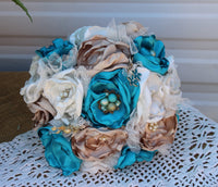 Turquoise, Tan, and White Satin Fabric Bouquet, Brooch bouquet, Vintage, Satin, Bridal Bouquet