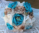 Turquoise, Tan, and White Satin Fabric Bouquet, Brooch bouquet, Vintage, Satin, Bridal Bouquet