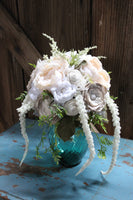 Rustic Chic Bridal Bouquet, Centerpiece with burlap and lace flowers, satin flowers, pearls