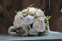 Rustic Chic Bridal Bouquet, Centerpiece with burlap and lace flowers, satin flowers, pearls