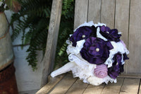 Purple, lavender, and white satin, burlap and lace bridal bouquet, fabric bride's bouquet
