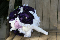 Purple, lavender, and white satin, burlap and lace bridal bouquet, fabric bride's bouquet