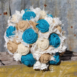 Dark Turquoise and Cream Burlap and Lace Bridal Bouquets and Boutonnieres