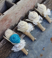 Dark Turquoise and Cream Burlap and Lace Bridal Bouquets and Boutonnieres