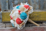 Turquoise and Coral Burlap and Lace Bridal Bouquets and Boutonnieres