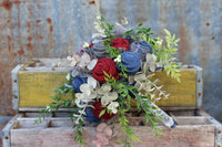Moody dark Navy, maroon, and grey burlap and lace bridal bouquet with greenery