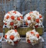 Rustic Burnt Orange Burlap and Lace Bridal Bouquets, Bridesmaid, and Boutonnieres,