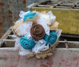 Turquoise Burlap and Lace Bride's Bouquets, Rustic Bridesmaid Flowers and Boutonnieres