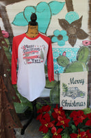 Red Vintage Camper Christmas Scene Graphic Raglan Tee Shirt