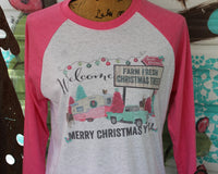Pink and Turquoise Christmas Camper Scene Graphic Tee Shirt