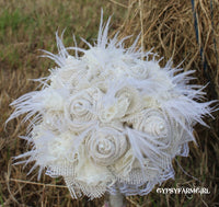 All White Cream Burlap, Lace, Feathers, and Pearls Rustic Chic Bridal Wedding Bouquet