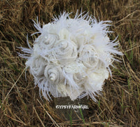 All White Cream Burlap, Lace, Feathers, and Pearls Rustic Chic Bridal Wedding Bouquet