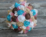 Turquoise Burlap and Coral Tulle and Lace Bride's Bouquets and Corsages Custom Wedding Arrangements with Fabric Flowers