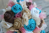 Turquoise Burlap and Coral Tulle and Lace Bride's Bouquets and Corsages Custom Wedding Arrangements with Fabric Flowers