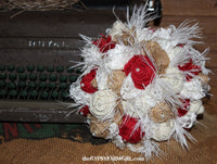 Burlap Bouquet with Red, Tan, and White Roses, Lace, Feathers for Rustic Wedding