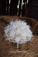 White and Ivory Burlap, Lace, Feather, and Pearl Bridal Bouquet wedding bouquet