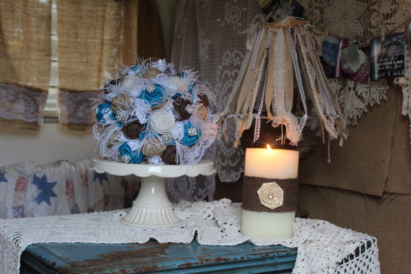The Rhinestone Cowgirl - Turquoise Burlap and Lace Bride's Bouquet with feathers and rhinestones