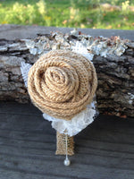 Customized Burlap Rose Boutonnieres for Vintage Farm Rustic Wedding with Burlap and Lace