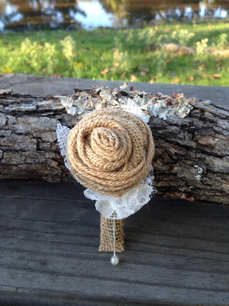 Customized Burlap Rose Boutonnieres for Vintage Farm Rustic Wedding with Burlap and Lace