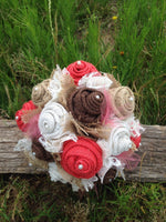 Coral Burlap and Lace Tulle medium size Bridal or Bridesmaid Bouquet Rustic Wedding Bouquets