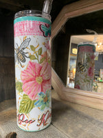 Bee Kind 20 ounce tumbler with Bees and Pretty Pink Flowers