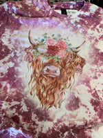 The Strawberry Cow - Highland Cow with Pink Flowers bleached tee