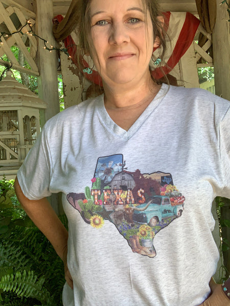 Texas Tee V neck t shirt with Texas Collage