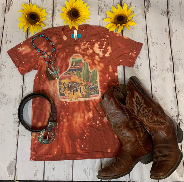 Show Mom bleached tee with Cow Tag, Sunflower, Cactus