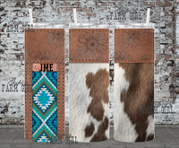 Leather, cowhide, and turquoise Aztec print 20 ounce tumbler